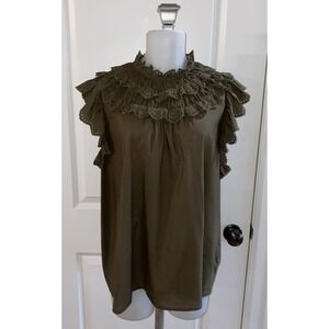 Boden Olive Green Ruffle Eyelet Sleeveless Cotton Top -Size 20/22 Preppy Cottage